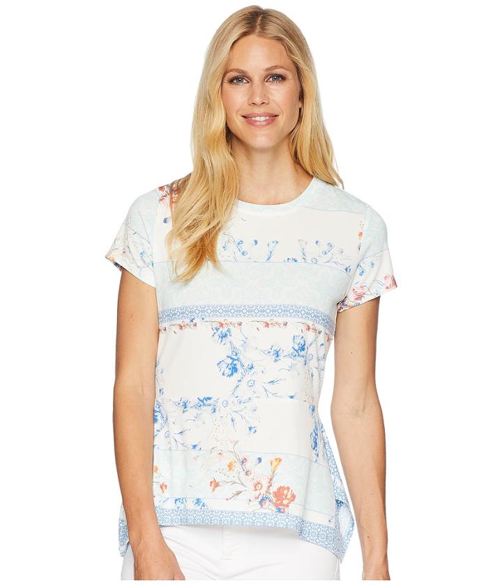 Ivanka Trump Printed Cap Sleeve Top With Peplum Hem (ivory/sea Green) Women's Clothing