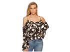 J.o.a. Button Front Cold Shoulder Flare Top (black Floral) Women's Clothing