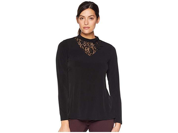 Ivanka Trump Long Sleeve Knit Top W/ Lace Detail And Bow (black) Women's Clothing