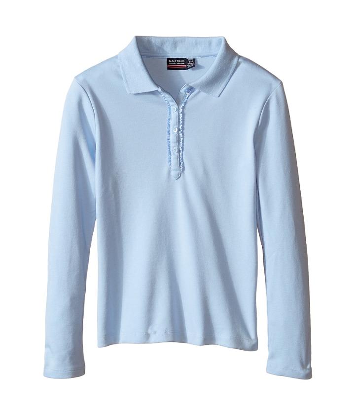 Nautica Kids Long Sleeve Polo With Ruffle Placket (little Kids) (light Blue) Girl's Long Sleeve Pullover