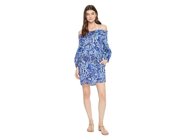 Lauren Ralph Lauren Playa Floral Smocked Off The Shoulder Tunic Cover-up (blue) Women's Swimwear