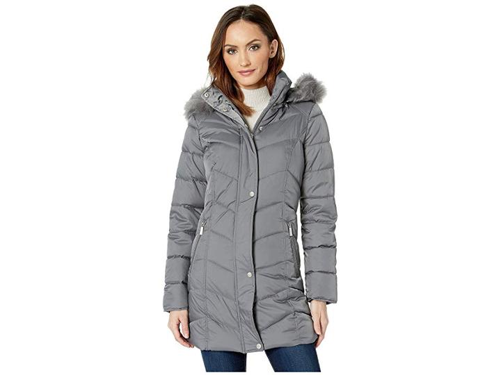Kenneth Cole New York 3/4 Chevron Quilted Puffer W/ Faux Fur Trimmed Hood (nickel) Women's Coat