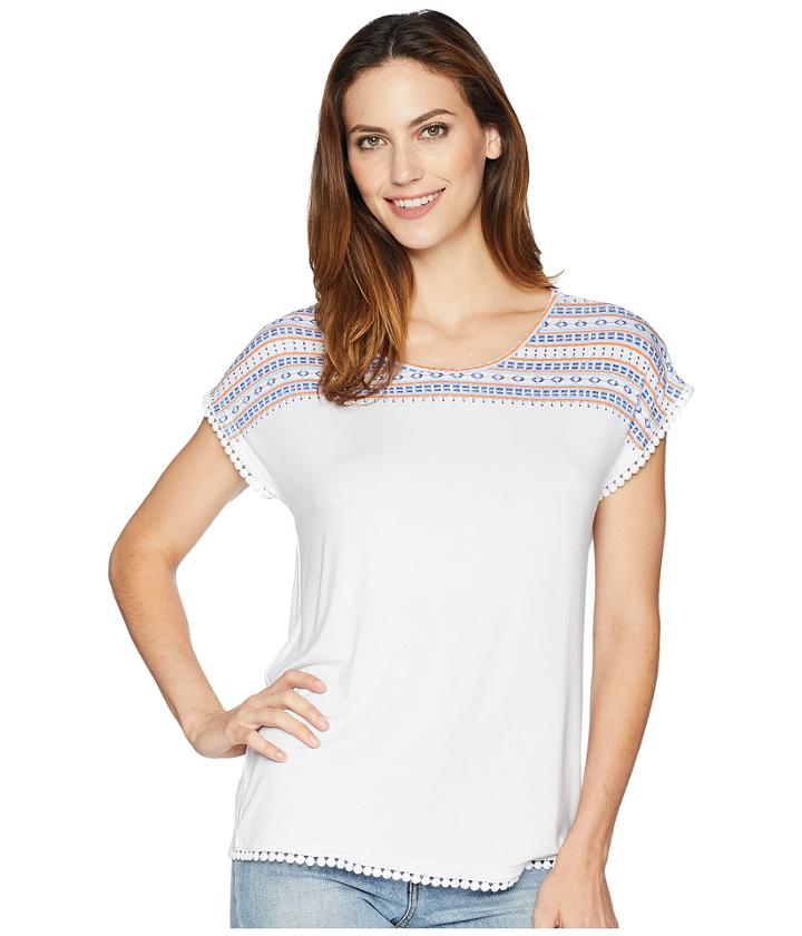 Tribal Jersey Cap Sleeve Top With Trim Detail (white) Women's Clothing