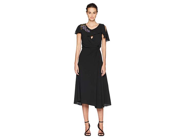 Zac Posen Solid Crepe Short Sleeve Dress W/ Embroidery (deep Green Wisteria) Women's Dress