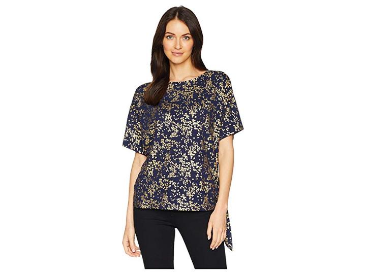 Michael Michael Kors Scatter Blossom Tie Top (true Navy/gold Foil) Women's Clothing