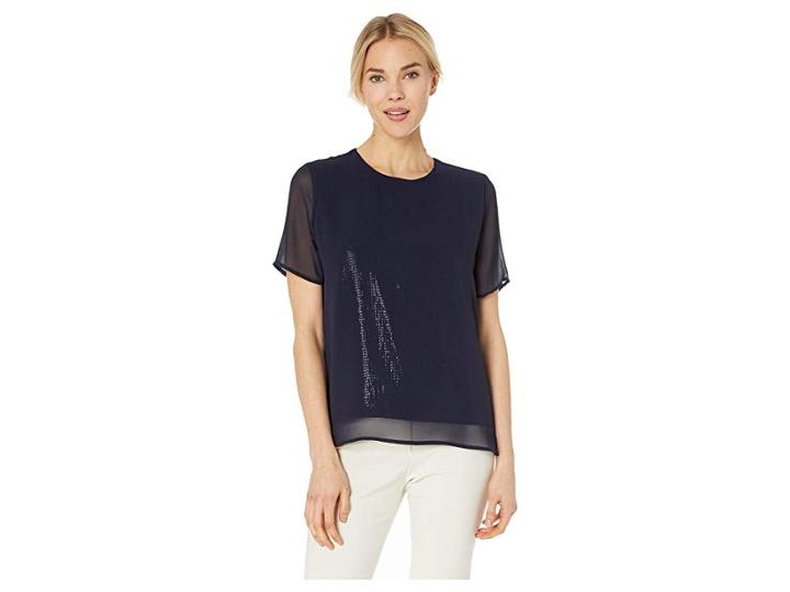 Vince Camuto Short Sleeve All Over Sequin Chiffon Overlay Tee (classic Navy) Women's T Shirt