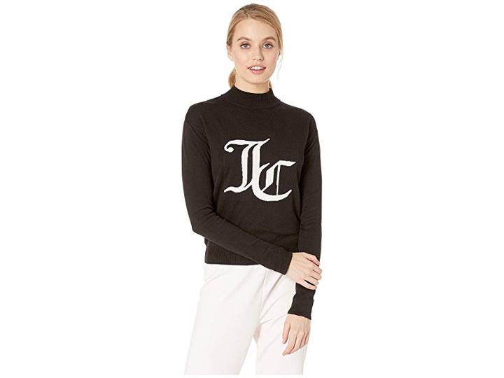 Juicy Couture Mock Neck Intarsia Logo Sweater (pitch Black) Women's Clothing