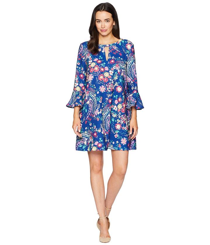 Eci 3/4 Ruffle Sleeve Floral Printed Keyhole Dress (blue/multi) Women's Dress