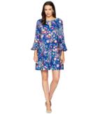 Eci 3/4 Ruffle Sleeve Floral Printed Keyhole Dress (blue/multi) Women's Dress