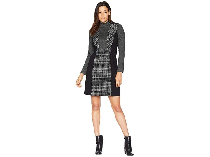 Vince Camuto Long Sleeve Glenn Plaid Mix Media Dress (rich Black) Women's Dress