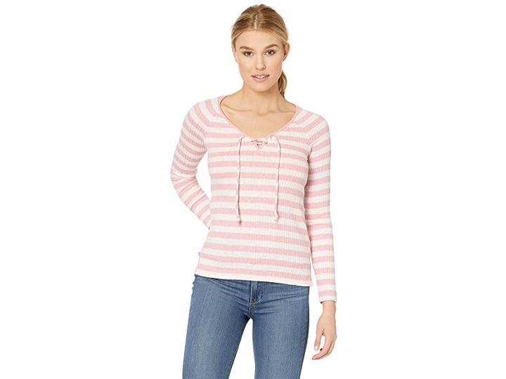 Lucky Brand Stripe Lace-up Top (coral Stripe) Women's Long Sleeve Pullover
