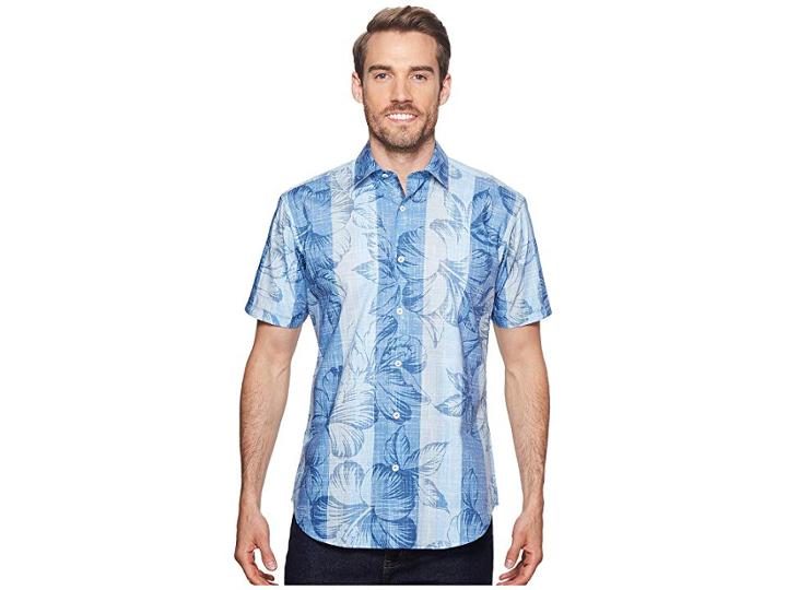 Bugatchi Shaped Fit Short Sleeve Woven Shirt (air Blue) Men's Short Sleeve Button Up