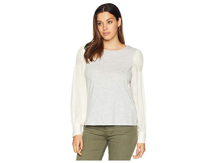 Two By Vince Camuto Long Sleeve Smocked Shoulder Mix Media Slub Top (grey Heather) Women's Clothing