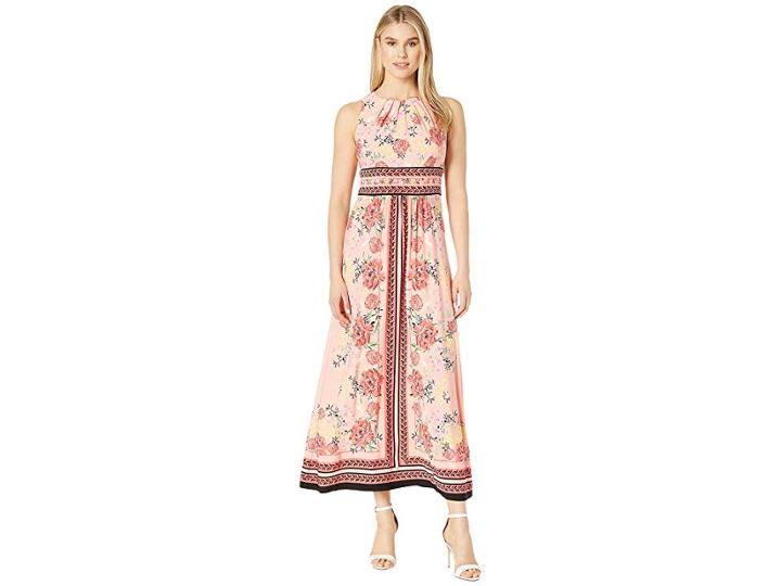London Times Pleated Neck Maxi Dress (salmon/coral) Women's Dress