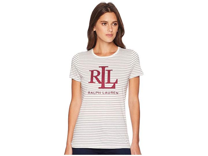 Lauren Ralph Lauren Striped Logo T-shirt (mascarpone Cream/rich Cranberry) Women's T Shirt