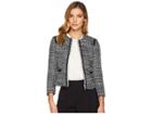 Tahari By Asl Round Neck Open Boucle Jacket With Contrast Shoulder And Pocket Trim (black/white/blue) Women's Coat
