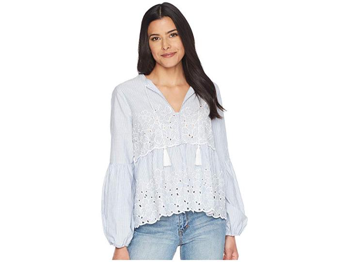 Cece Balloon Sleeve Embroidered Blouse W/ Neck Tie (bluebird) Women's Blouse