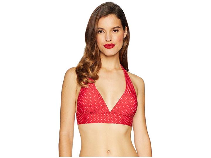 Unique Vintage Lulu Halter Swim Top (red/ivory Pin Dot) Women's Swimwear
