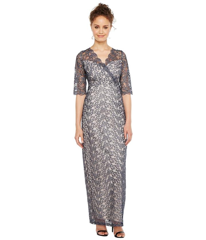 Sangria 3/4 Sleeve Surplice Front Metallic Lace Column Gown (navy/soft Taupe) Women's Dress