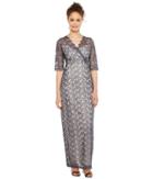 Sangria 3/4 Sleeve Surplice Front Metallic Lace Column Gown (navy/soft Taupe) Women's Dress