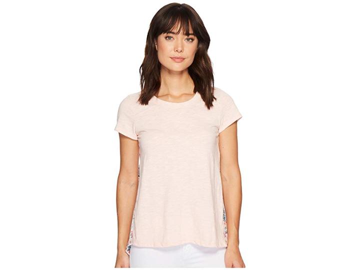 Mod-o-doc Micro Stripe Short Sleeve T-shirt W/ Pleated Contrast Back Panel (peach) Women's T Shirt