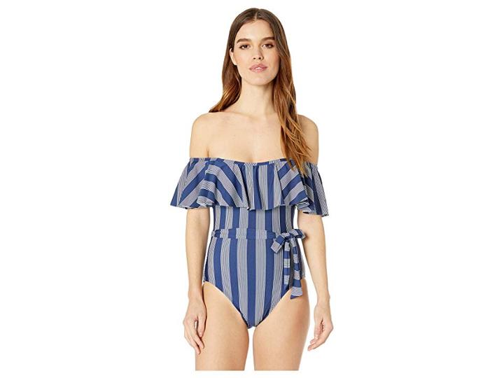Splendid Long Lines Removeable Soft Cup Off The Shoulder One-piece (navy/navy) Women's Swimsuits One Piece