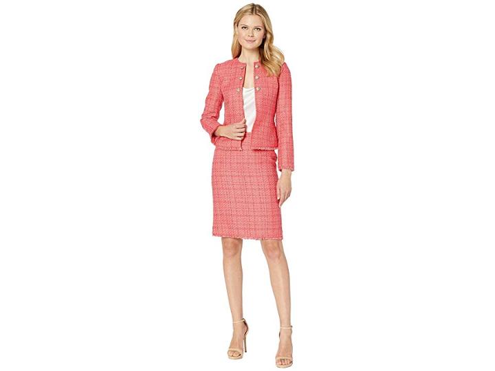Tahari By Asl Boucle Skirt Suit With Gold Finish Trim (coral) Women's Suits Sets