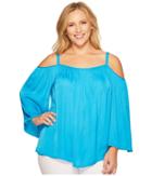 Vince Camuto Specialty Size Plus Size Long Sleeve Cold Shoulder Rumple Blouse (havana Blue) Women's Blouse