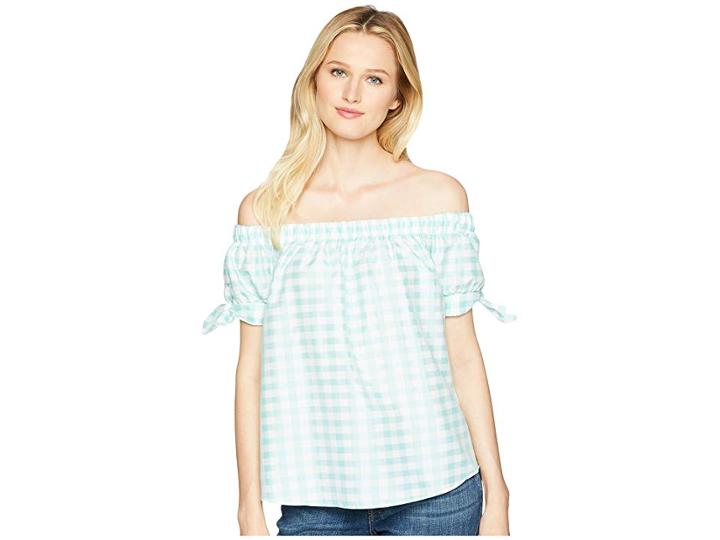 Wrangler Off The Shoulder Gingham With Ties At Sleeve (emerald/ivory) Women's Clothing