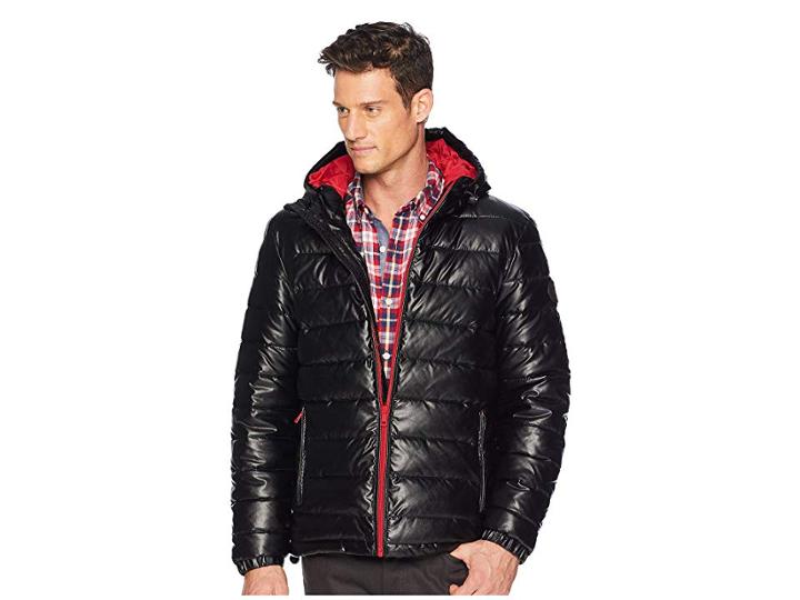 Cole Haan Faux Leather Faux Down Jacket (black/red) Men's Coat