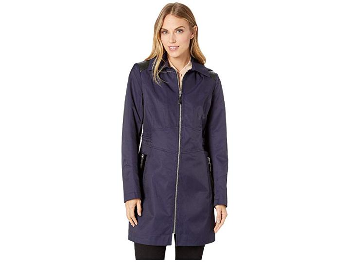 Via Spiga Hooded Fitted Raincoat With Faux Leather Waist Detail (navy) Women's Coat