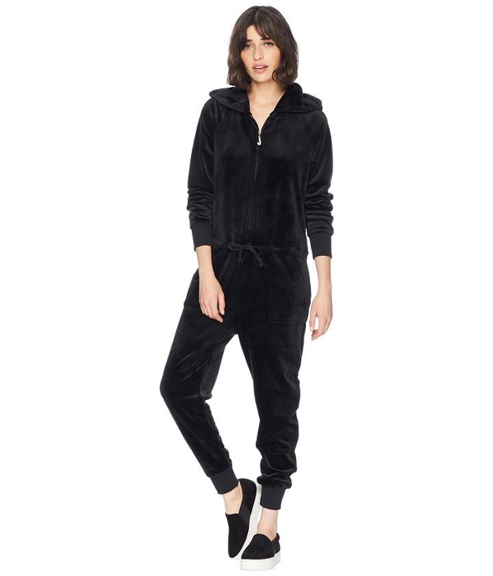 Juicy Couture Track Luxe Velour Jumpsuit W/ Charm Pull (pitch Black) Women's Jumpsuit & Rompers One Piece
