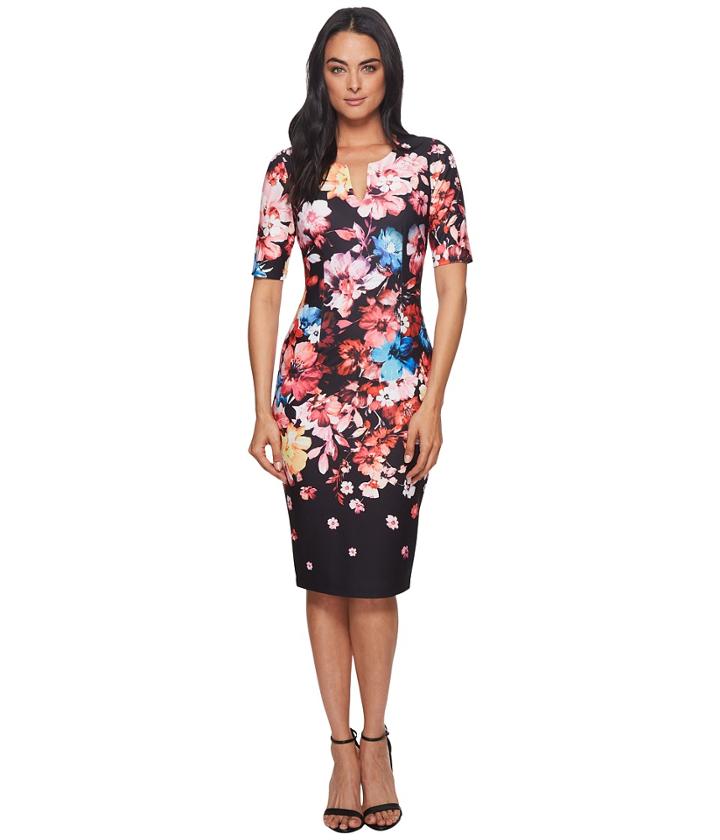 Adrianna Papell Spring In Bloom Printed Sheath (black Multi) Women's Dress