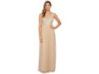 Adrianna Papell V-neck Pearl And Bead Bodice With Long Mesh Ball Skirt (champagne) Women's Dress