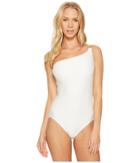 Michael Michael Kors Sea Side Texture One Shoulder One-piece Swimsuit W/ Ring Chain Trim Removable Soft Cups (white) Women's Swimsuits One Piece