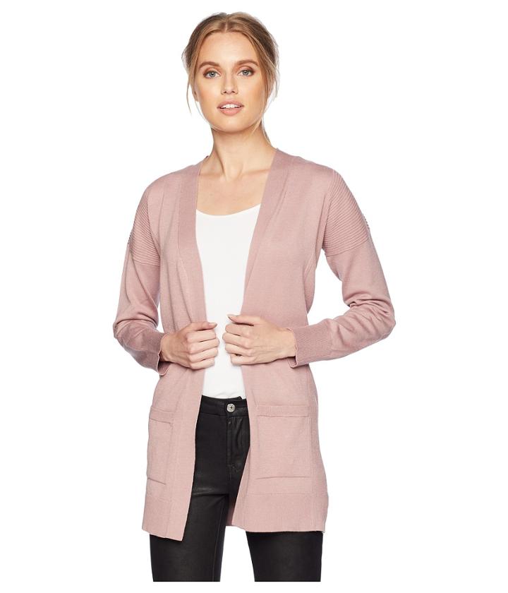 Pink Rose Long Sleeve Drop Shoulder Open Cardigan W/ Pockets And Side Rib (mauve Dust) Women's Sweater