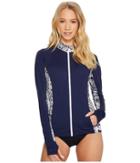 Tommy Bahama Islandactive Paisley Paradise Zip-front Rash Guard Cover-up (mare Navy) Women's Swimwear