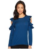 Cece Ruffled Exposed Shoulder Sweater (port Blue) Women's Sweater