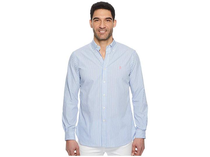 Polo Ralph Lauren Poplin Long Sleeve Sport Shirt (azure Blue/white) Men's Clothing