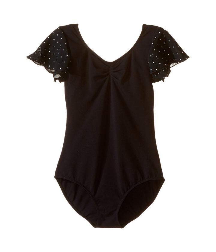 Bloch Kids Flutter Sleeve Leotard With Sequin Dot (toddler/little Kids/big Kids) (black) Girl's Jumpsuit & Rompers One Piece