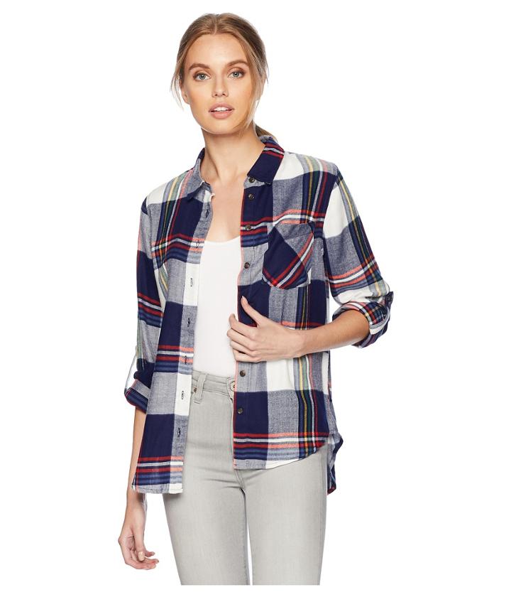 Pink Rose Button Down Shirt W/ Front Pocket (navy/white) Women's Clothing