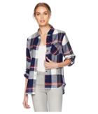 Pink Rose Button Down Shirt W/ Front Pocket (navy/white) Women's Clothing