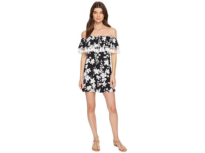 Michael Michael Kors Floral Vine Off The Shoulder Cover-up Dress W/ Tassels Detachable Strap (black) Women's Swimwear