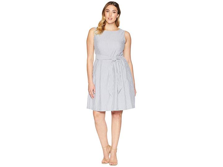 Anne Klein Seersucker Fit And Flare Dress (optic White/breton Blue) Women's Dress
