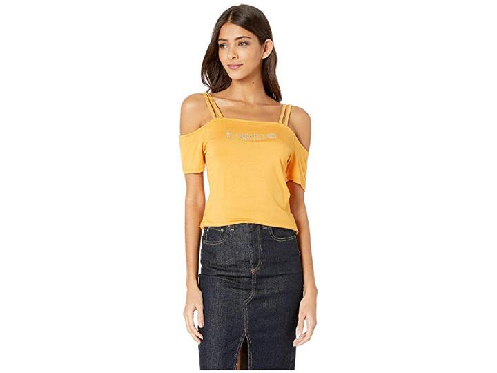 Bebe Strappy Off The Shoulder Top (golden Nugget) Women's Clothing