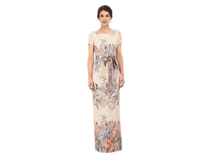 Adrianna Papell Matelasse Printed Floral Column Gown W/ Picot Edge Ribbon (blush Multi) Women's Dress