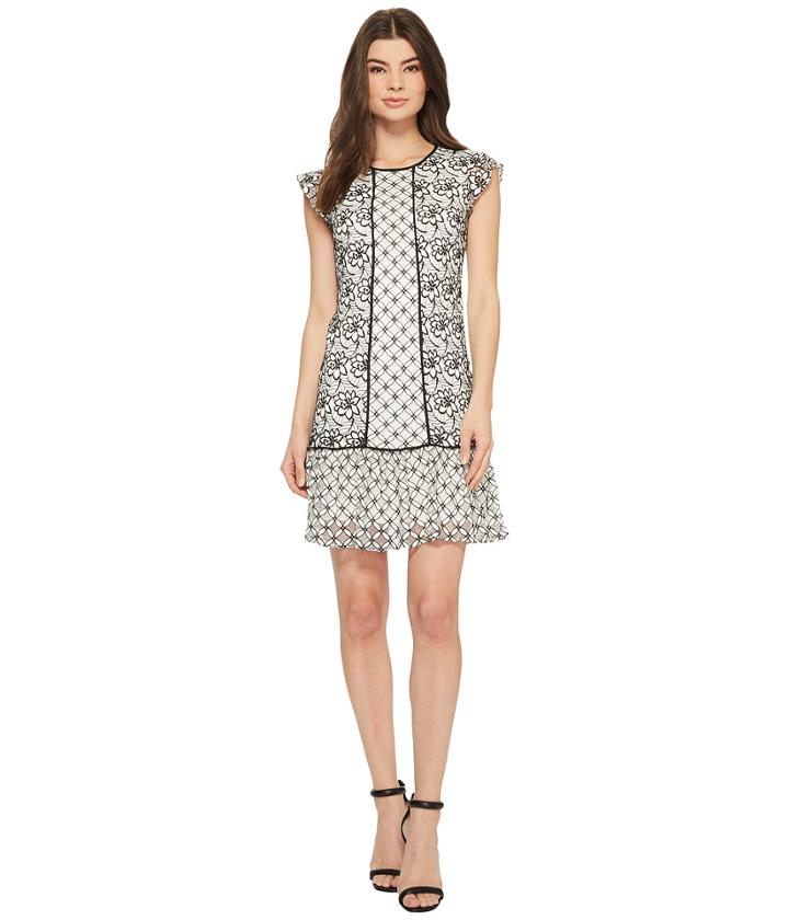 Adrianna Papell Twin Lace Flutter Sleeve Shift (ivory/black) Women's Dress