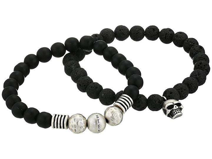 Steve Madden Lava Stone With Skull Head Charm Stretch Duo Bracelet Set In Stainless Steel (black/silver) Bracelet