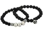 Steve Madden Lava Stone With Skull Head Charm Stretch Duo Bracelet Set In Stainless Steel (black/silver) Bracelet