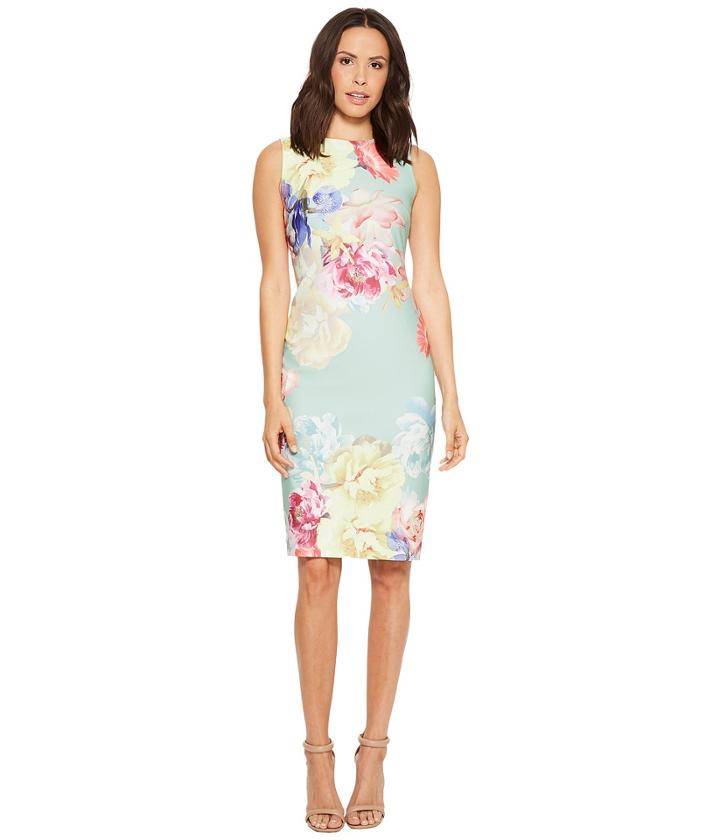 Tahari By Asl Scuba Crepe Floral Sheath Dress (sage/lemon/coral) Women's Dress